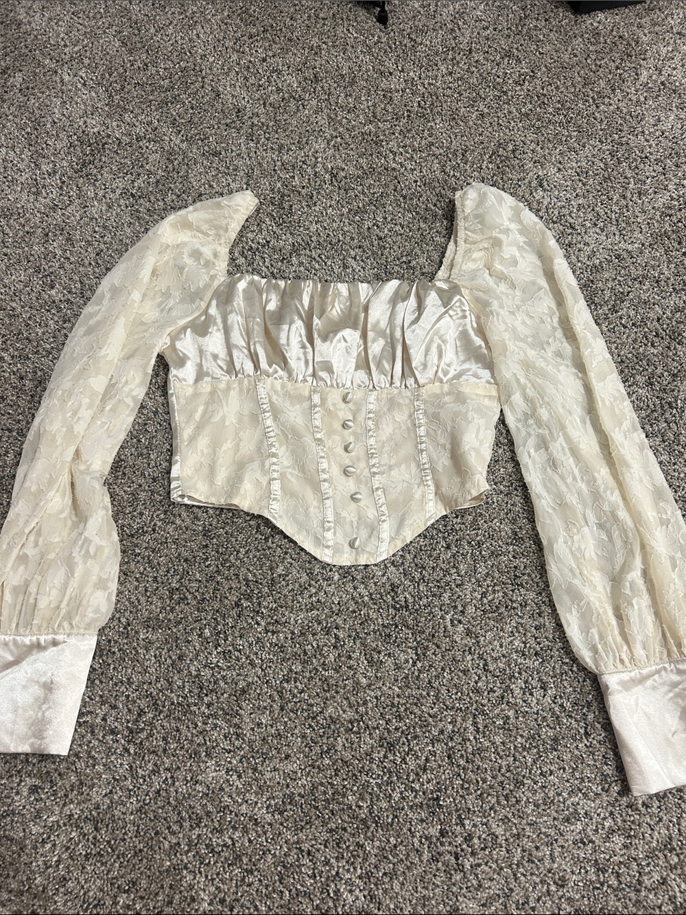 SHEIN Cream Satin and Lace Corset Crop Top with Puff Sleeves